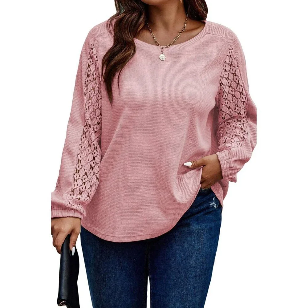 Plus Size Women's Tops Lace Long Sleeve Waffle Crewneck Casual Tunic